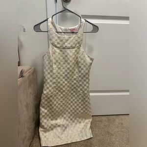 Elegant Cream Checkered Kids Dress